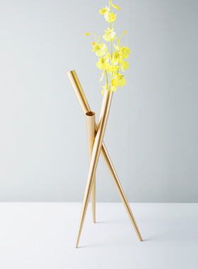 现代轻奢金属几何花器花插摆件金色圆管花样板间客厅桌面装饰品