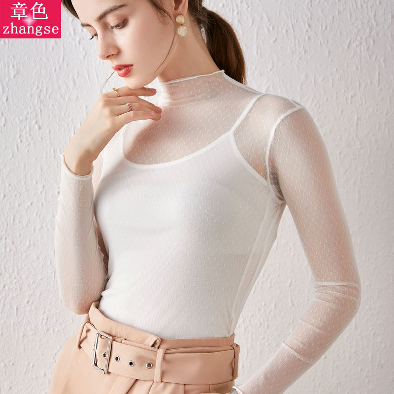 蕾丝打底衫长袖春秋网纱薄纱内搭修身显瘦波点透视木耳边上衣女