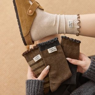 加厚棉袜木耳边布标堆堆袜甜美中筒袜女袜加厚棉袜 秋冬美拉德