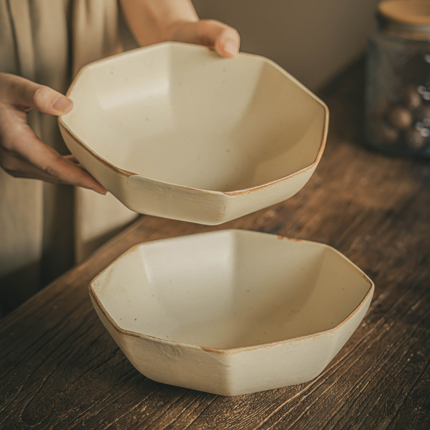 日式手作粗陶八边形碗陶瓷碗家用