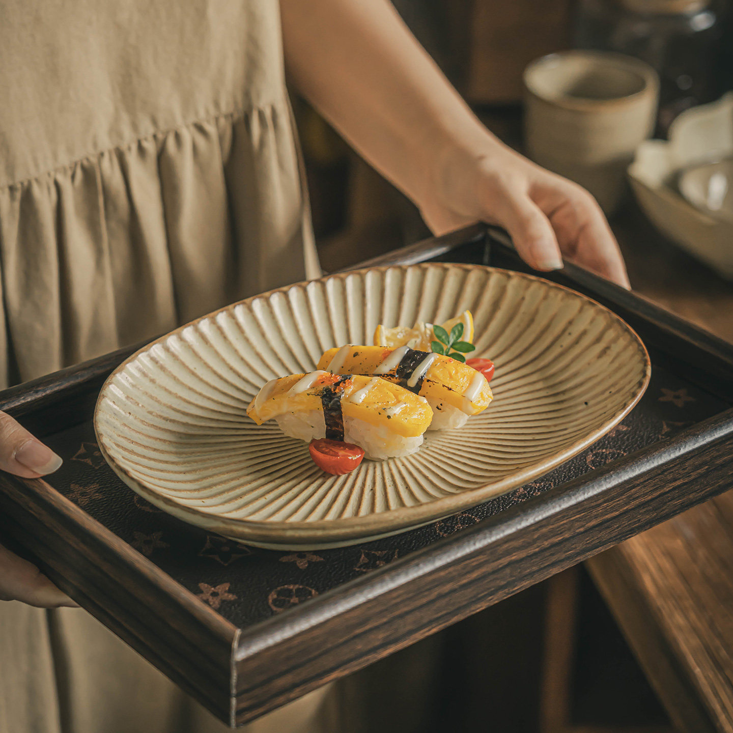 椭圆盘日式精致轻奢家用菜盘复古高颜值点心盘粗陶盘子水果沙拉盘
