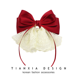 缎面蕾丝蝴蝶结飘带发夹儿童后脑勺公主发卡女童珍珠顶夹品质头饰