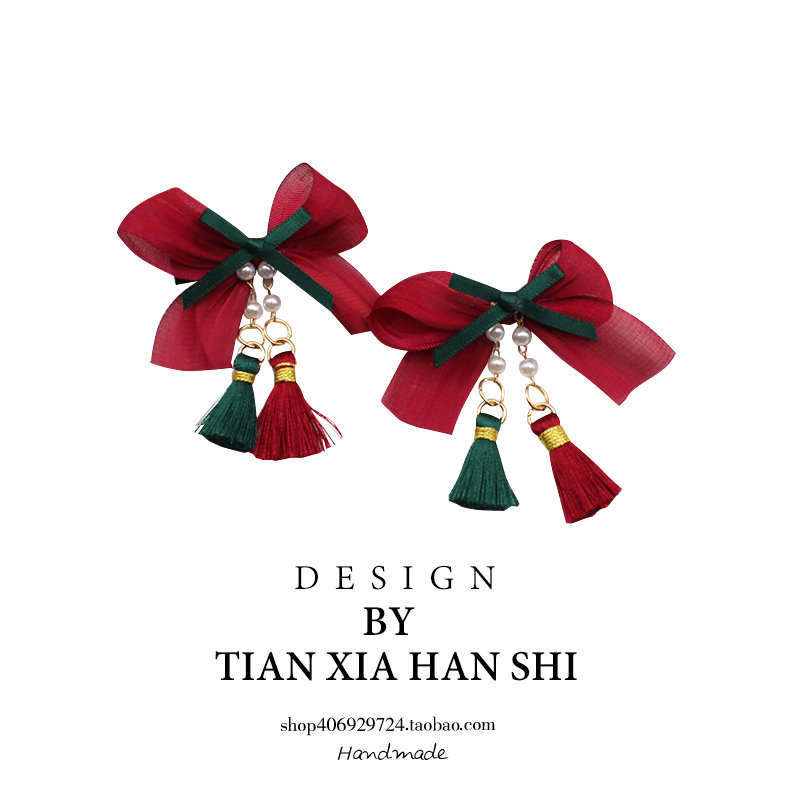 圣诞节日气氛小童蝴蝶结珍珠流苏发夹宝宝侧边刘海装饰迷你发卡新