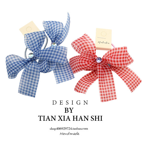 儿童格子蝴蝶结水钻发圈女童不伤发头绳女孩扎马尾小清新扎头发饰