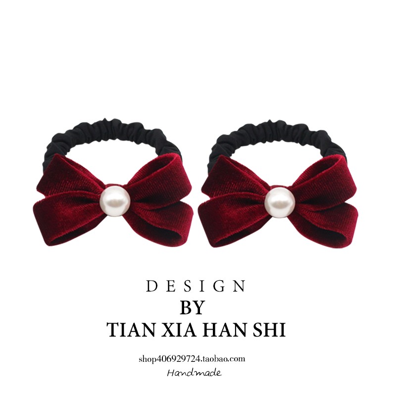 韩国儿童珍珠蝴蝶结女孩扎马尾丸子头皮圈不伤发高弹红色发绳发饰