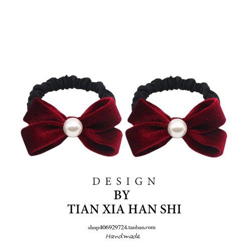 韩国儿童珍珠蝴蝶结女孩扎马尾丸子头皮圈不伤发高弹红色发绳发饰