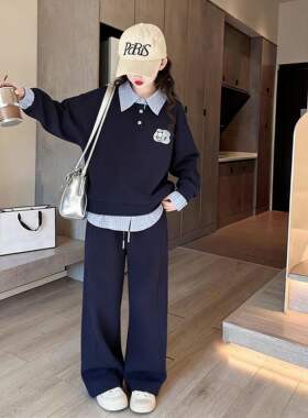 中大童女孩子洋气学院风POLO衫上衣阔腿裤两件套春秋卫衣套装新款