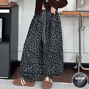 女童加绒裤子2025新款秋冬中大童豹纹儿童灯笼裤冬季加厚韩版长裤