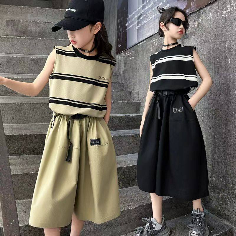女童夏装套装2026新款洋气女大童儿童夏季休闲条纹裙裤两件套裤裙
