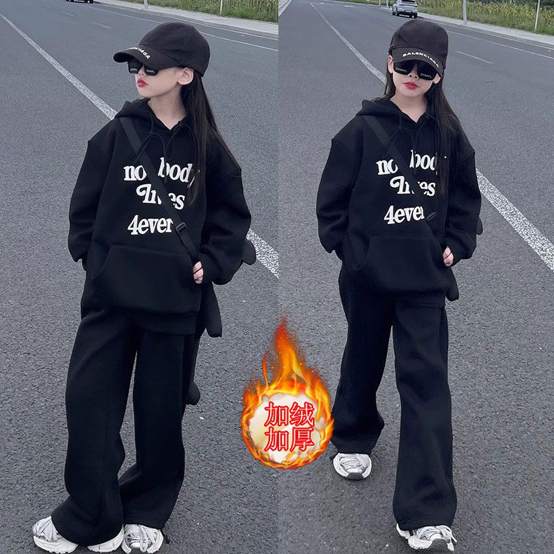 女童秋冬装套装2024新款儿童洋气加绒卫衣大童女孩冬季加厚两件套