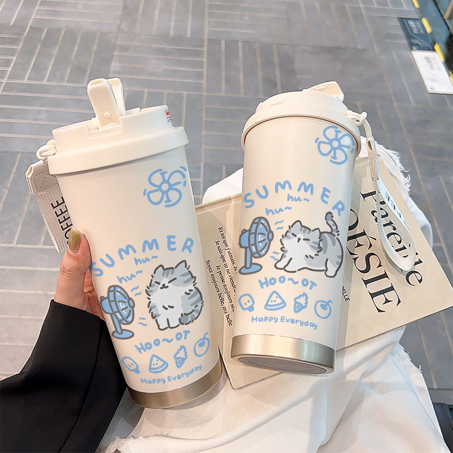 吹风小猫不锈钢保温杯咖啡杯高颜值吸管杯学生男女便携水杯大容量