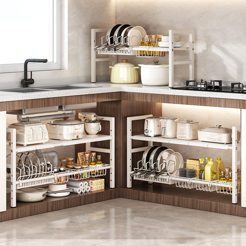 厨房家用下水槽置物架可伸缩橱柜分层收纳神器多功能锅具收纳架