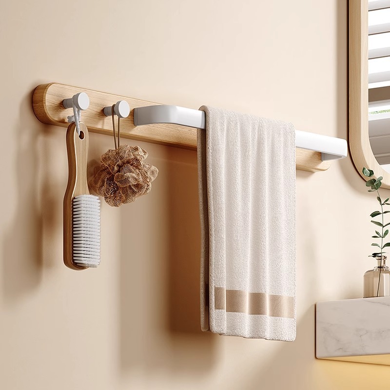 奶油风毛巾架免打孔卫生间浴室洗手间实木浴巾置物收纳架子单挂杆