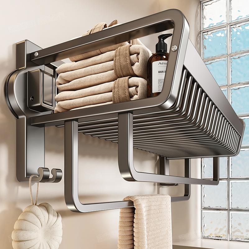吸盘浴巾架家用卫生间免打孔挂墙式毛巾架浴室一体网篮挂件置物架