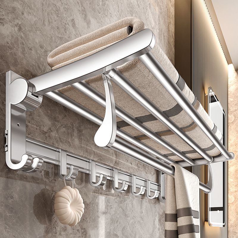 太空铝浴室毛巾架收纳架免打孔卫生间厕所置物架洗手间折叠浴巾架