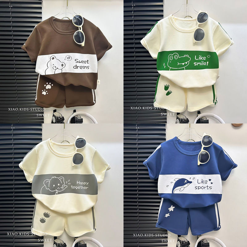 儿童短袖套装条纹女童男童t桖2024新款夏季宝宝婴儿衣服韩版童装