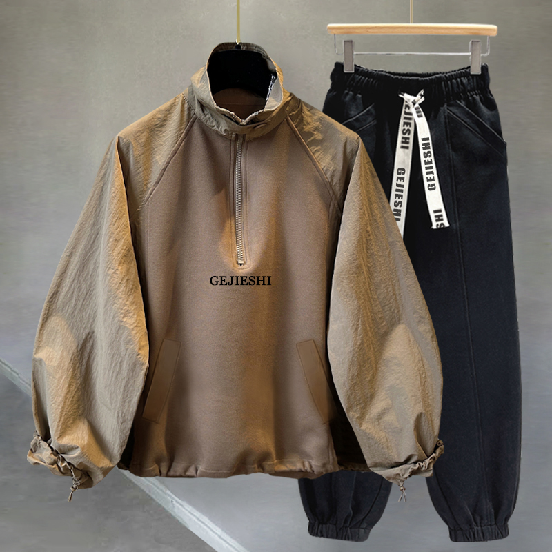 插肩袖立领卫衣套装男女秋冬季韩版潮流拼接帅气学生刺绣外套整套