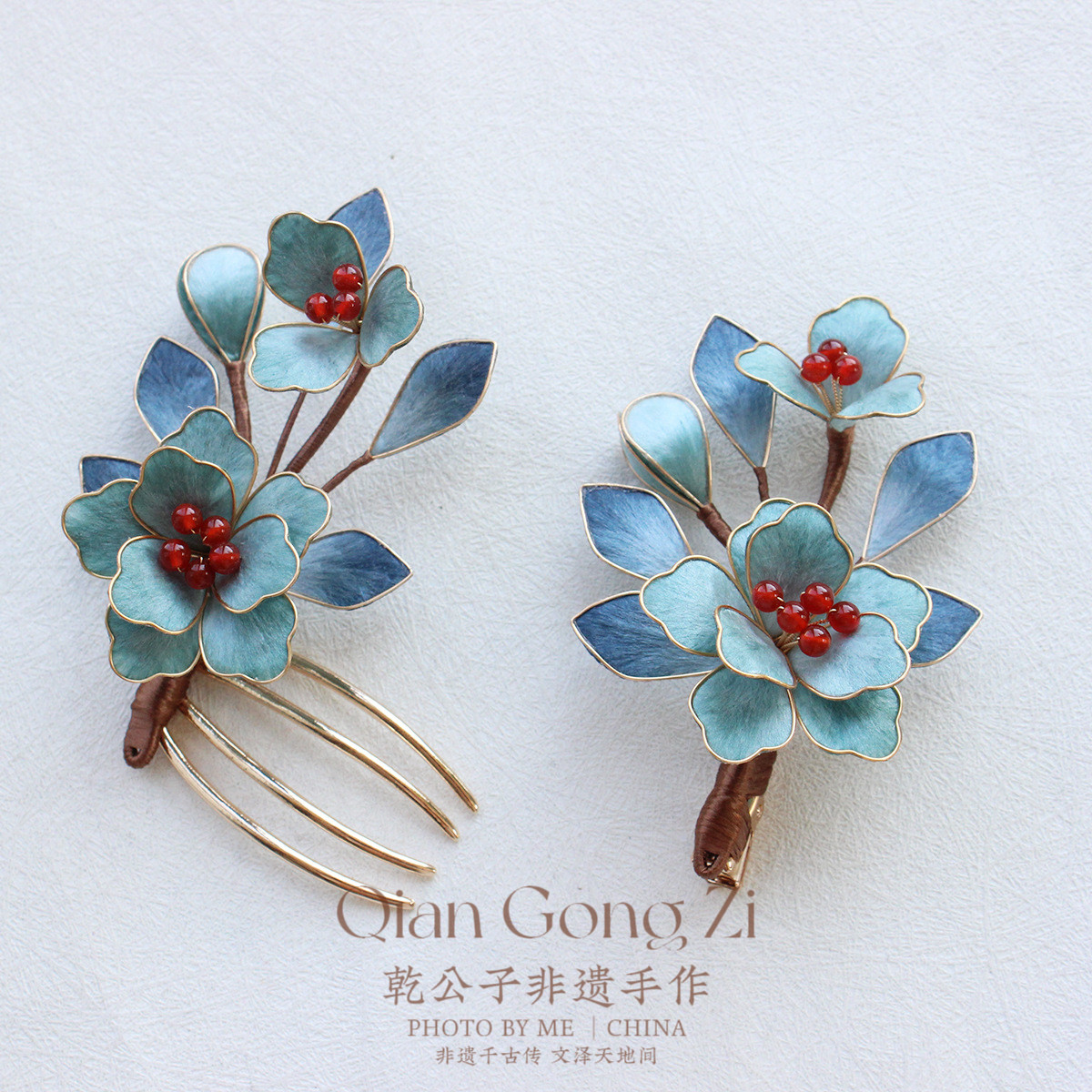 新品蚕丝绒花发簪仿点翠天青色发夹中式婚礼蓝色马面裙汉服想新娘图片