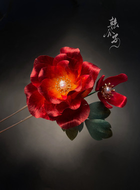 绒花蚕丝红色牡丹发簪子盘发旗袍