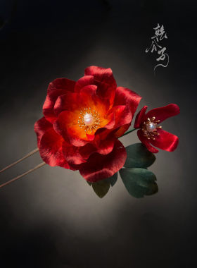 绒花蚕丝红色牡丹发簪子盘发旗袍
