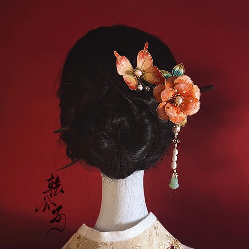 蚕丝掐丝绒花发簪成品日常古风发饰旗袍马面裙汉服古风绿色新娘