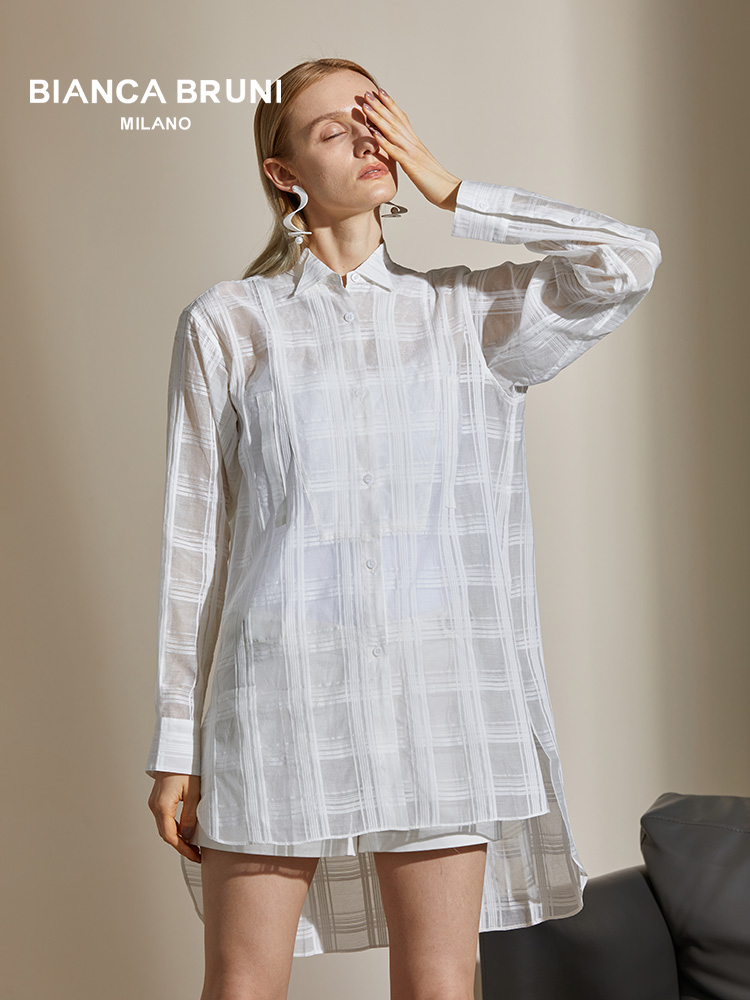 丝麻透视新款格纹衬衫裙