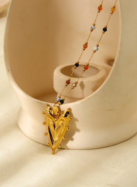 欧美新款个性网红同款时尚不锈钢天然石链镀18K几何爱心吊坠项链