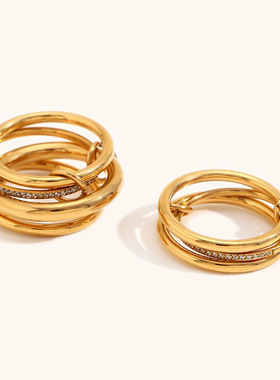 欧美跨境多层双色带钻戒指不锈钢镀18K金气质小众设计爆款手饰女