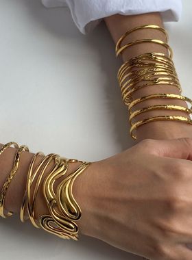 亚瑟欧美不锈钢开口手镯不规则线条多层镂空手饰复古钛钢首饰跨境