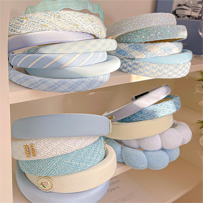 小清新发箍蓝白高颅顶压发头箍时尚百搭格纹发卡子洗脸防滑头饰