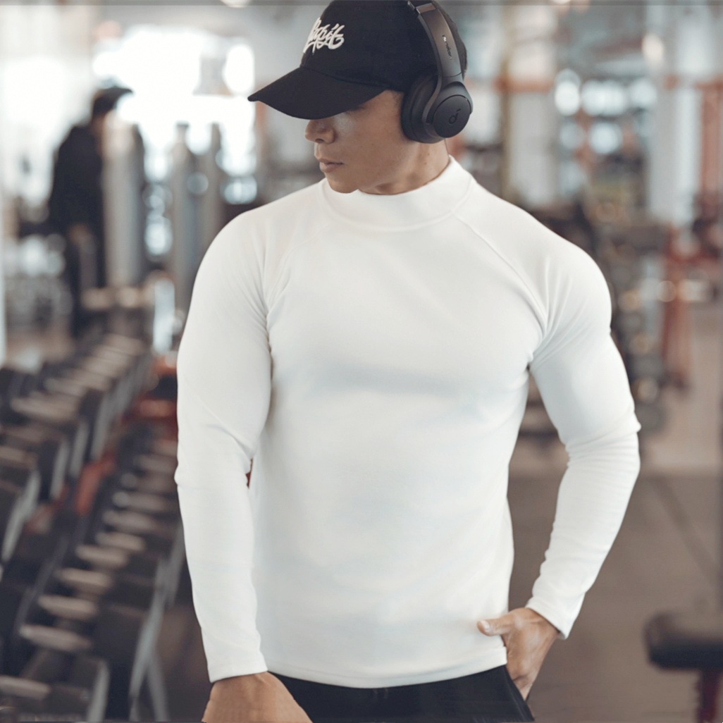 冬季高领新款阳离子德绒保暖修身圆领运动健身高弹打底长袖T恤