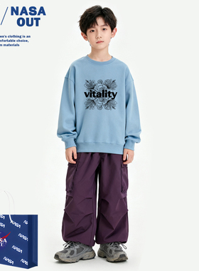 NASA儿童纯棉加绒印花卫衣2025新款冬中大童装男童孩痞帅橙色字母