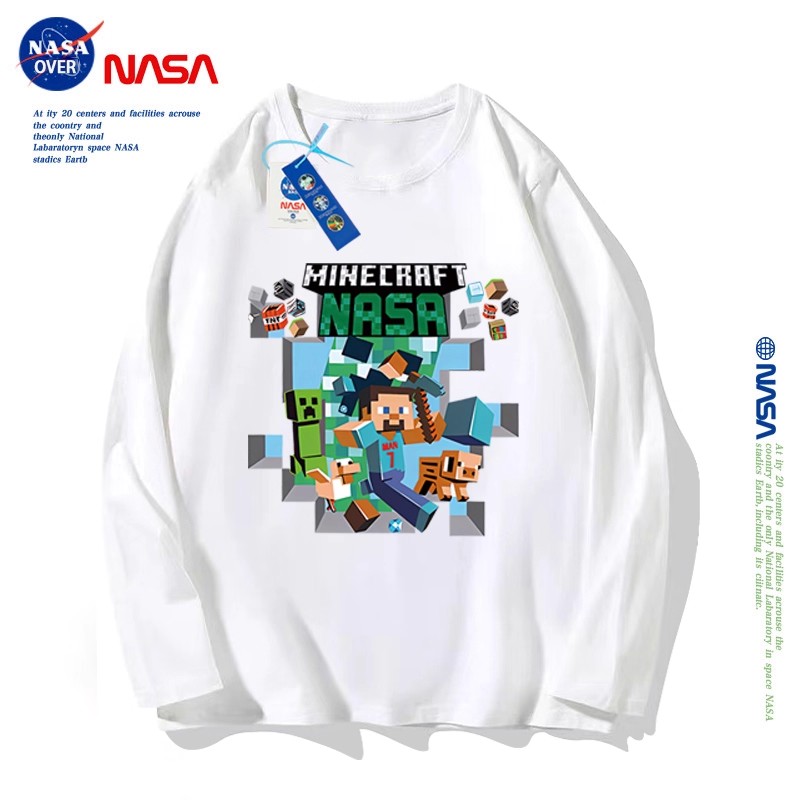 NASA纯棉长袖T恤卡通印花方块人