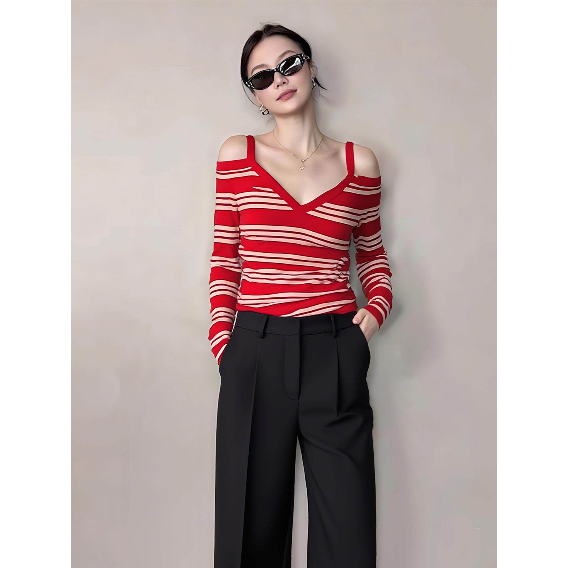 JOYIASS松弛感上衣女装秋季2025新款外贸原单别致红色条纹露肩长