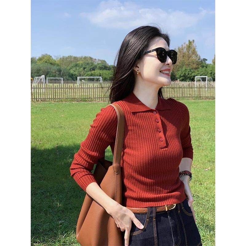 JOYIASS法式红色polo领针织衫上衣女装秋冬季2025新款外贸原单毛