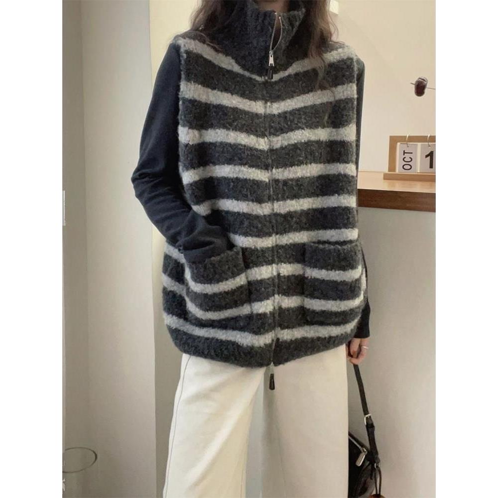 JOYIASS条纹高领羊羔毛马甲女装秋季2025新款外贸原单外套拼接设