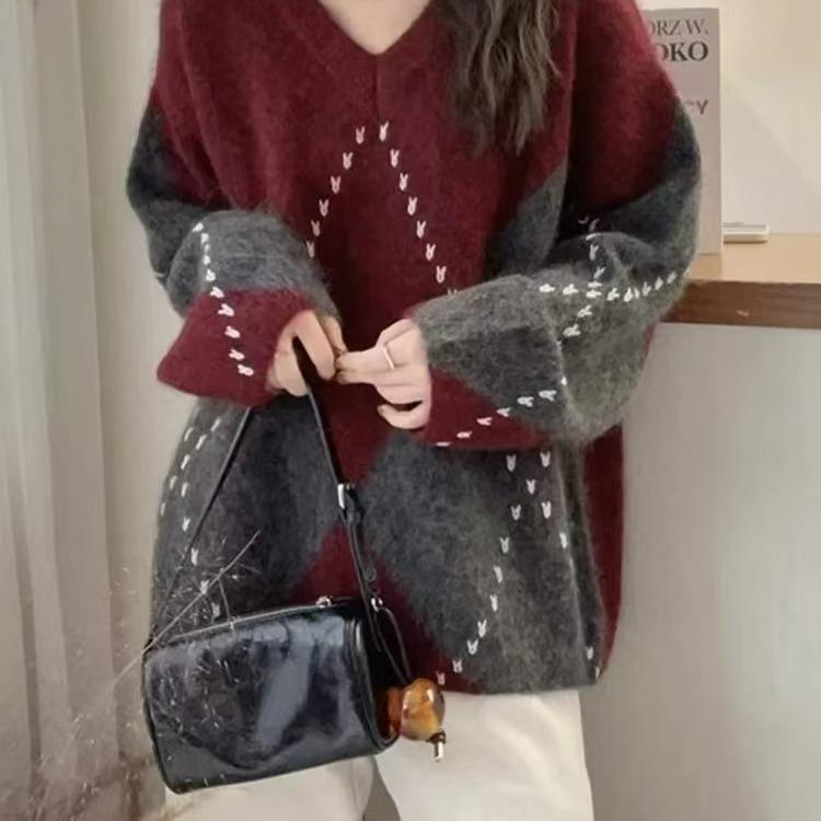 JOYIASS慵懒灰色菱格毛衣女装秋冬季2025新款外贸原单宽松软糯针