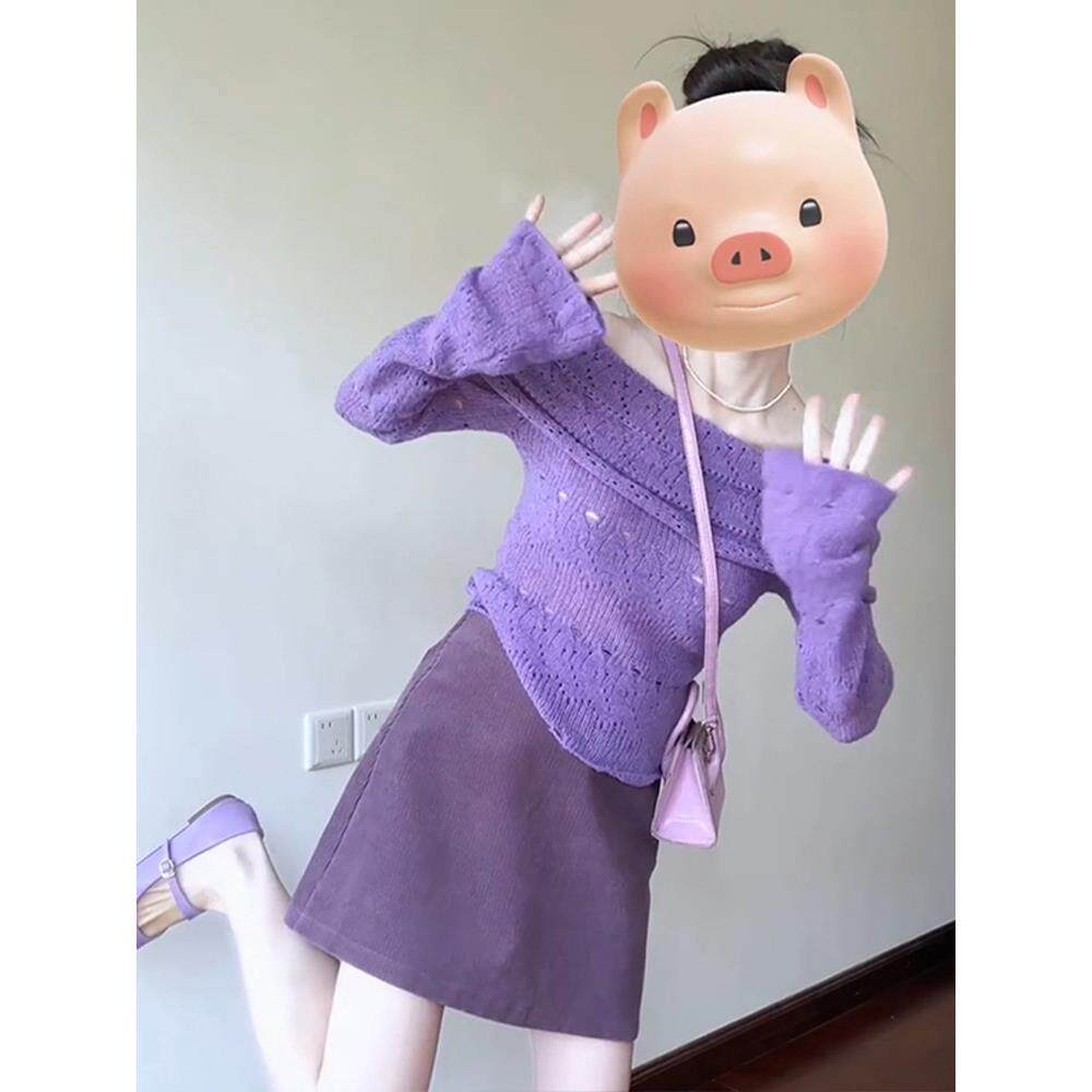 JOYIASS紫色一字肩镂空针织长袖T恤女装秋季2025新款外贸原单设计