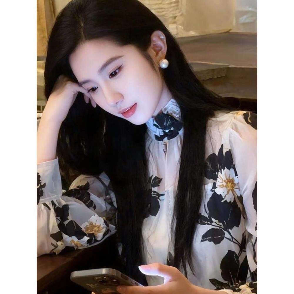 JOYIASS法式印花高领长袖衬衫女装秋季2025新款外贸原单小众气质