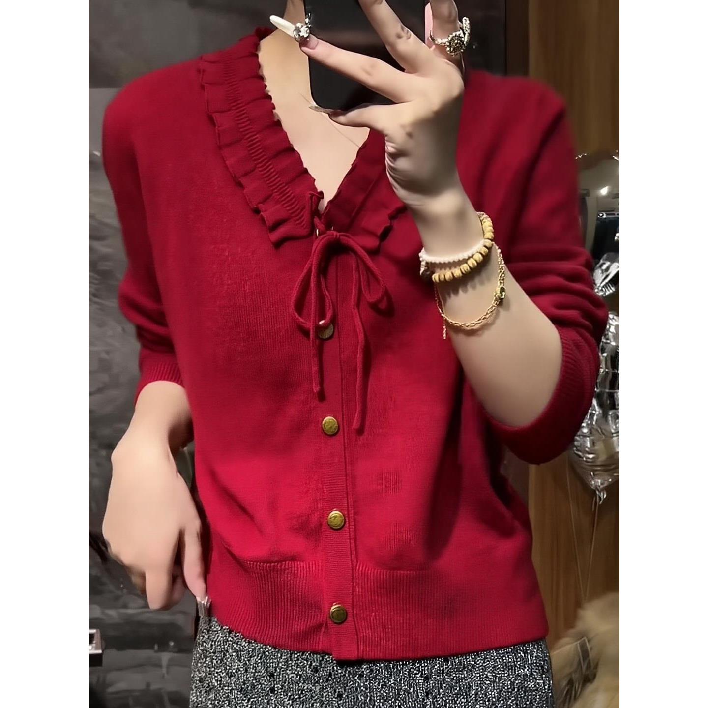 JOYIASS设计感上衣女装秋季2025新款外贸原单红色V领长袖单排扣针