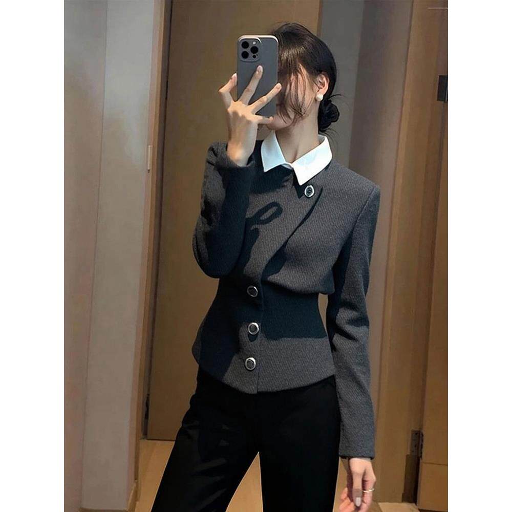 JOYIASS灰色假两件外套女装秋冬季2025新款外贸原单高级感气质小