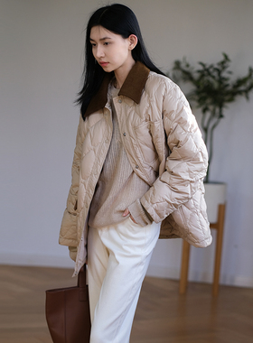 那禾新品灯芯绒拼接撞色菱格白鸭绒保暖羽绒服女NW44RR0157