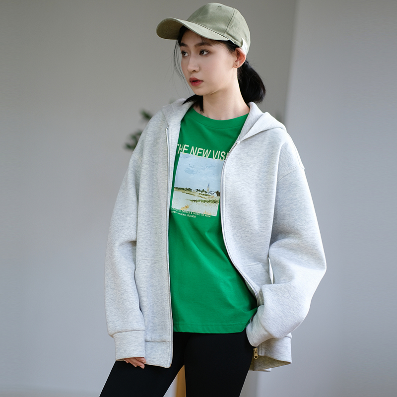 那禾新品棉感简约轻花灰拉链连帽中长外套女ND43WY0857