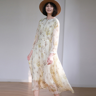 那禾新品清雅绿花收腰系带连衣裙长裙女NW53LQ0712