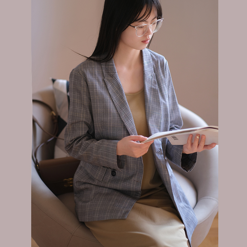 双排扣格纹西装领长袖上衣复古