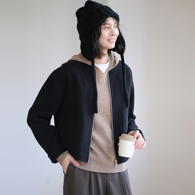 那禾新品短款拉链大衣毛呢休闲外套女NW54DN0126