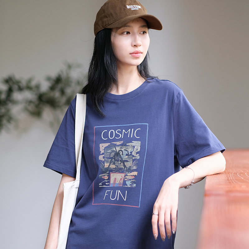 那禾新品短袖纯棉圆领印花T恤女宽松休闲上衣ND43TY5628