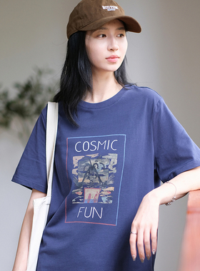 那禾新品短袖纯棉圆领印花T恤女宽松休闲上衣ND43TY5628