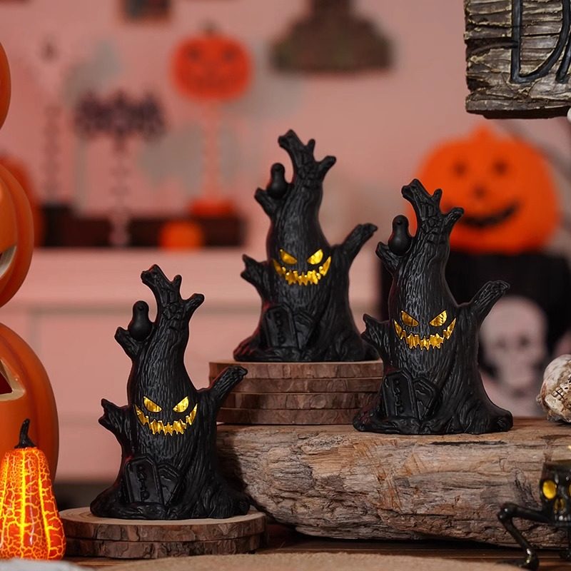 节日布置发光万圣节南瓜灯鬼树桩装饰氛围摆件鬼脸led电子蜡烛灯
