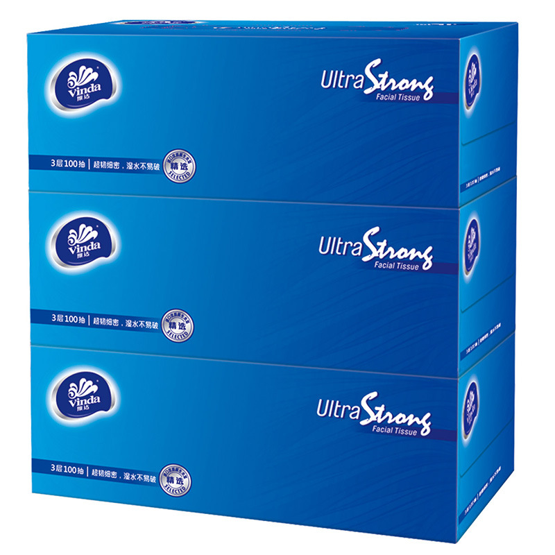 维.达抽纸超韧盒装抽取式面巾纸 餐巾纸 卫生纸100抽* 3盒*3提